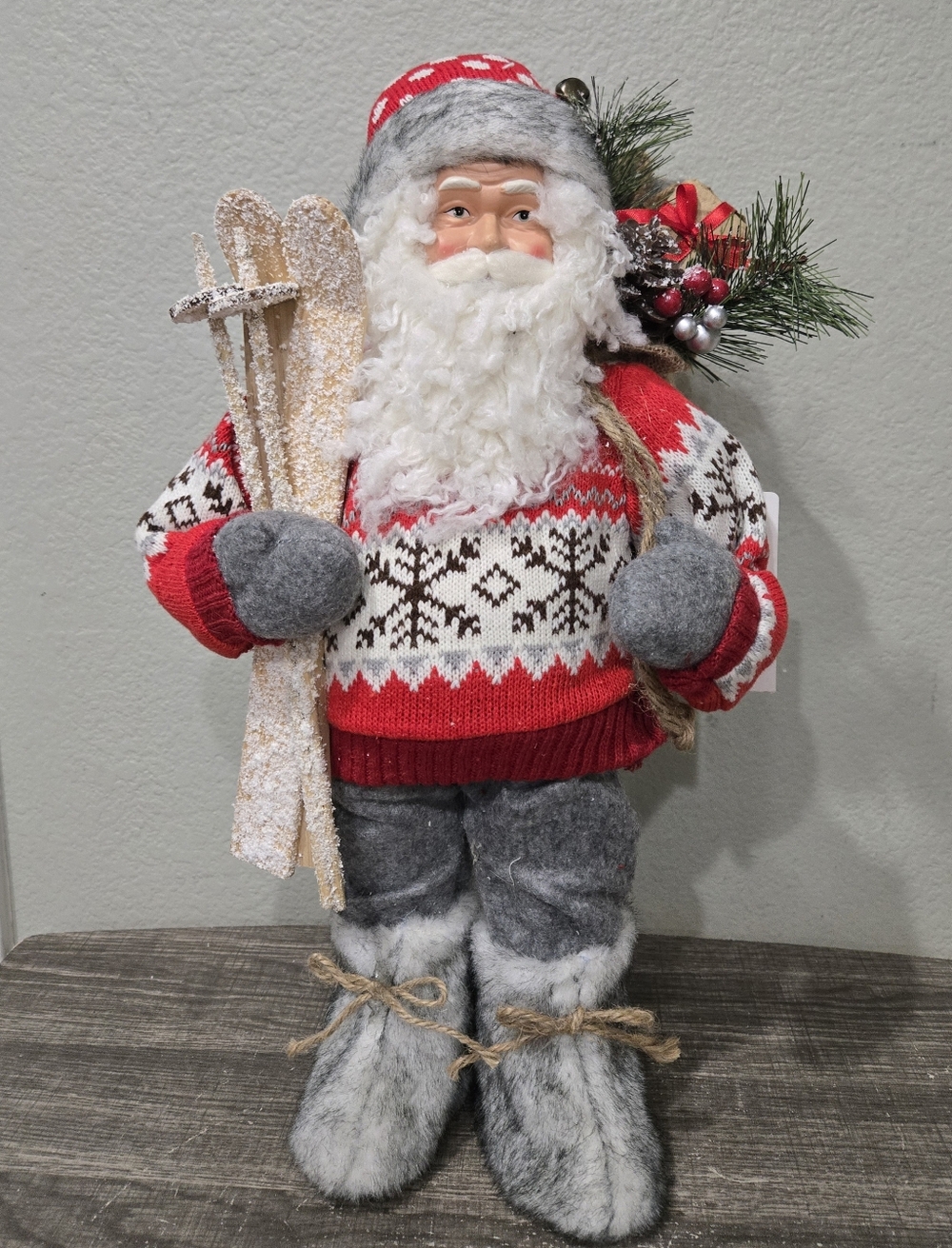 North Pole Trading Co Santa Claus Holding Skiis 18" Christmas Decor Red And Gray